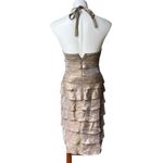 Cache Vintage Bronze Halter Shimmer Tiered Ruffle Mesh Accent Bodycon Dress Photo 3