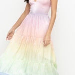 Yumi Kim Sullivan Tiered Maxi Dress Rainbow Ombré Dreamy Shiny Satin Sz M NEW Photo 0