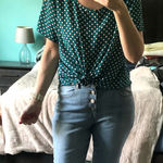 Pleione  Teal White‎ Geometric Print Short Sleeve Scoop Neck Top M Versatile Photo 0