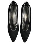 PETRA Black Pumps Suede Silver Leather Trim Cone Heels Almond Toe Italy 7.5 EUC Photo 1