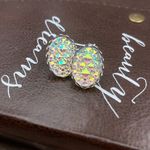 Vintage Iridescent Oval Statement Earrings Resin Crystal Studs White Photo 5