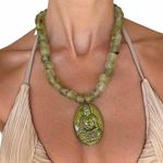 Green African glass bead with ceramic hand painted Buddha necklace Photo 1