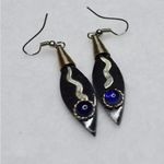 Unique Art Deco Black Glass Blue Rhinestone Silver Tone Dangle Hook Earrings Photo 2