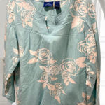 Floral Linen Tunic Top Shirt Blouse Blue Turquoise White Casual Vacation Large Photo 0
