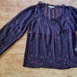 Nanette Lepore Purple Sheer Silk Blouse Size 2 Ruffle Boho Retro Print USA Photo 0