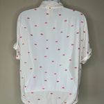 Japna  Womens Kiss Lip Print White Button Down Blouse Size Medium Cuff Sleeves Photo 3
