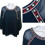 Skies Are Blue  Embroidered Mesh Blouse  Long sleeve Navy Blue and Red Top M Photo 2