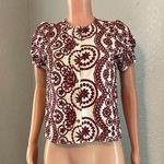 Sézane SEZANE BURGUNDY Embroidered Buttons DOWN Shirt PUFFED Sleeve TOP Sz 36 LULA #181 Photo 0