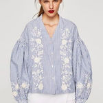 ZARA  Trafaluc White Blue Striped Blouse Buttons‎ Up Embroidered Size XS Photo 0