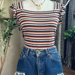 Eri + Ali Burnt Orange/Beige/Gray Striped Ribbed Flutter Sleeve Top Orange Size L Photo 0