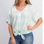 Style & Co. Gingham Tie Front Short Sleeve Button Up Linen Top Mint White Medium Green Photo 0