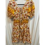 Floral Print Dress Yellow‎ Orange Smocked Waist Square Neck Boho Mini Short Yellow Size L Photo 5