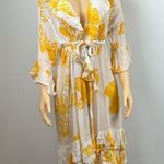 Vintage Yellow Floral Ruffle Wrap swim cover up kimono Dress Sz 2X Photo 1