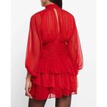 EXPRESS Mock Neck Long Sleeve Pleated Waist Tiered Ruffle Dress in Lipstick red Photo 3
