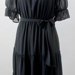 Versona Black Sheer Tiered Puff Short-Sleeve V-Neck Bow Midi Dress Extra Small Photo 3