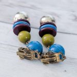 Vintage Clip On Earrings Blue, Plum, Green, Gold Tone Dangle Photo 4