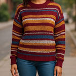 Love by Chesley Womens Sweater Sz M Burgundy Gold Blue Multi Stripe Gold Size M Photo 0