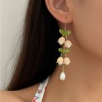 Lily of the Valley Pearl Drop Earrings boho Floral Dangle‎ Green Stem Design Photo 0