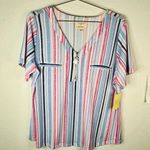 Flower & Feather Multi Colored Stripe Short Sleeve Zipper Front Top Plus Size 2X Photo 0