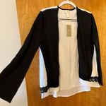 Chico's  Cardigan Size 1 Black White Madison Long Sleeve Mixed Fabric Lace NWT Photo 1