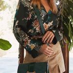 Lulus Satin Floral Blouse Black Green Size M Photo 8