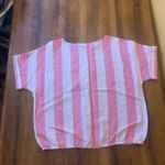 Liz Claiborne top Large Pink stripes Linen blend shirt elastic bottom hem airy Photo 5