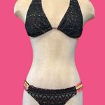 OP Bikini Swimsuit Black Crochet Laser Cut Rainbow Stripe M Medium Photo 2