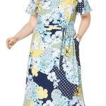 Jessica London BLUE YELLOW WHITE ALL OVER PRINT HI-LOW FAUX WRAP MAXI DRESS 16W Photo 0