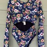 Ocean Pacific  OP Navy Blue Tropical Floral Flower Cutout Swimsuit Bathing Suit L Photo 0
