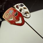 Comedy Tragedy Drama Mask Lapel Stick Pin Gold Tone Enamel White Red Photo 3