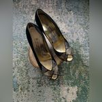 Vintage Bruno Magli black metallic snakeskin satin peep toe heels, size 8M Photo 1