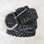 VINTAGE Wide Brown Braided Leather Belt Woven Silver Buckle 90s Y2K Size Large Brown Photo 3