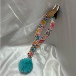 Handmade  Pink and Yellow Floral Wristlet Keychain with Blue Pompom Photo 1