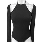ASTR The Label Black Ribbed Halter Tie Cutout Long Sleeve Thong Bodysuit Top S Photo 0