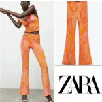ZARA Orange Pink Paisley Retro Hippie Flare Elastic Waist Pants Size S-NWT Photo 9