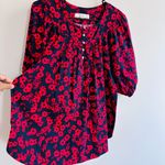 Loft red and black puff sleeve blouse with a floral or daisy print size Large Photo 2
