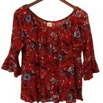 Faded Glory Boho Cowgirl Brick red blue Floral top Flutter Sleeve Western Fall Autumn blouse Photo 0