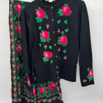 Vintage UMI COLLECTIONS Black Pink Rose Appliqué Cardigan & Silk Skirt Set Med Photo 0