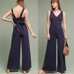 Anthropologie • Chino Jumpsuit navy blue wide leg wrap tie waist stretch twill Photo 9