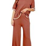 Fashion Knit 2 Piece Set Wide Leg Crop Pant Salmon Cream Trim Women’s Size XL Pink Photo 0