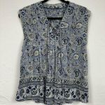 Lucky Brand Blue Floral Print Lace Up Neckline Boho Blouse Women’s L Cap Sleeve Photo 0
