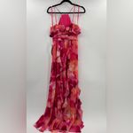 XScape  Women's Floral-Print Rosette Halter Gown Pink Ruffle Dress Photo 3