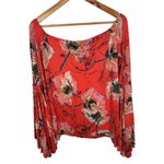 Free People Medium Blouse Top Flared Sleeves Orange Floral Stretch Boho Festival Photo 2