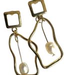 Modernist Abstract Gold tone Earrings with Real Pearl Drops Photo 6