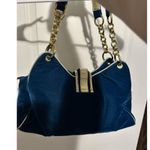 Vintage Blue Suede Purse Gold chain Shoulder Photo 4