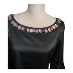 ECI  New York Black Soft Satin Rhinestone Bell-Sleeve Blouse Size L Stretch Zip Photo 2