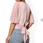 NY&C size large 3/4 pleated flutter sleeve top scoop neck banded hem tie detail Pink Photo 1