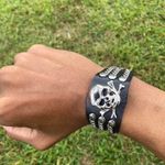 Silver skull and crossbones Gothic faux leather Punk bracelet chain Grunge Rock Black Photo 1