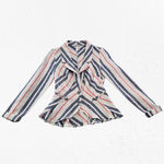 Free People Ivory Navy Striped Linen Blend Frayed Peplum Blazer Jacket Size 2 Photo 2