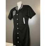 Daisy Dress Womens Small Black Varsity Shirt Bodycon Snap Front B Patch Mini Photo 3